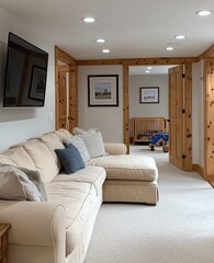 Fototapeta premium Family room, sectional sofa, kids' play area, natural wood trim, relaxing atmosphere