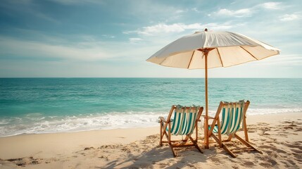 Two beach chairs and an umbrella on a peaceful sunny beach