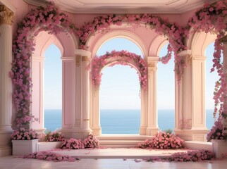 Elegant Room Interior with Window View and Pink Floral Decor