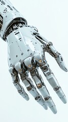A photorealistic closeup of a toy cybernetic arm playset, realistic metal, clean white background, soft lighting