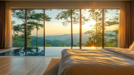 Luxurious mountaintop bedroom with pool view