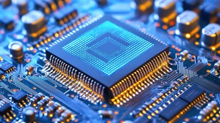 Close-up of a microprocessor on a circuit board.  Illuminated components and intricate circuitry are visible
