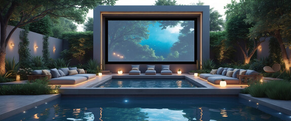Luxury outdoor cinema experience with pool lounging and evening entertainment concept