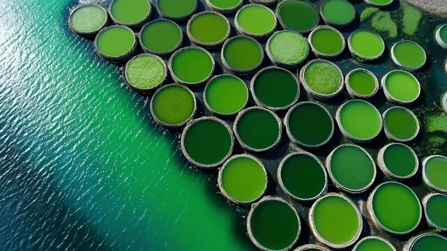 Top-down aerial shot of numerous circular algae ponds arranged in a geometric formation. The emerald green water varies in hue, different stages of algae growth used for sustainable bioenergy