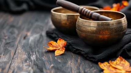 Two brass singing bowls, a wooden mallet, and autumn leaves on a dark wooden surface.