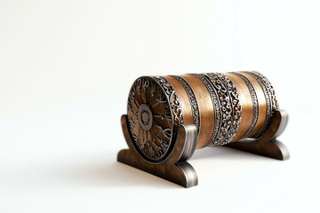 A realistic shot of a napkin holder with an ancient Indian tabla design, realistic metal, clean white background, soft lighting