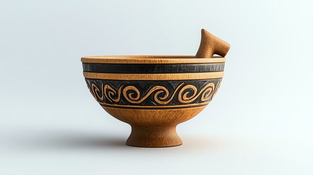 A photorealistic closeup of a bowl with an ancient Greek aulos pipe design, realistic ceramic, clean white background, soft lighting
