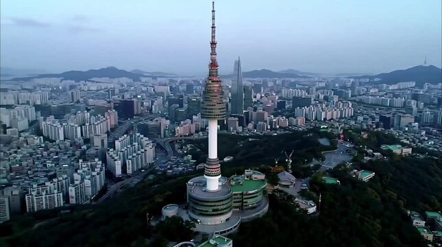 Seoul City Drone View | N Seoul Tower & Urban Landscape Aerial