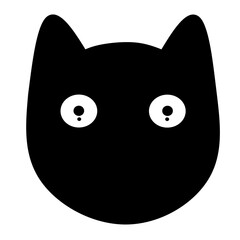 A black silhouette of a cat's head with wide, round white eyes and small black pupils on a white background