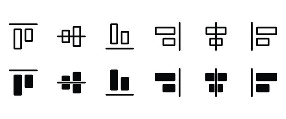 Simple icon set of Align design editor, icon of Top, Middle, Bottom, Left, Center and right for editing position design. Vector Icons Design Pack in transparent background.