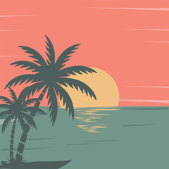 vector illustration of palm trees with sea and sunset on a tropical beach