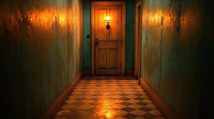 Obraz premium Dimly lit hallway with aged walls, checkered floor, and a solitary door.