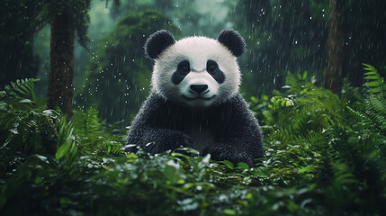 Fototapeta premium A cute panda sitting in the rain on lush, grassy greenery.