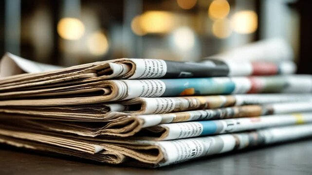 A stack of newspapers on a wooden table, with blurred lights in the background, symbolizing news