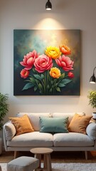 Couch with colorful pillows in front of floral art