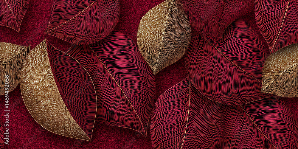 Poster close-up of red and gold leaves with detailed line textures, creating an elegant and luxurious appea