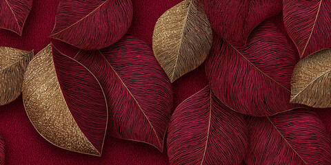 Close-up of red and gold leaves with detailed line textures, creating an elegant and luxurious appearance, ideal for design or decoration
