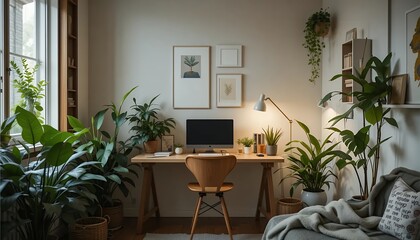 Fototapeta premium Serene Minimalist Home Workspace with Plants