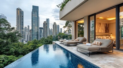 Fototapeta premium Infinity pool overlooking a cityscape at sunset from a luxury apartment balcony.