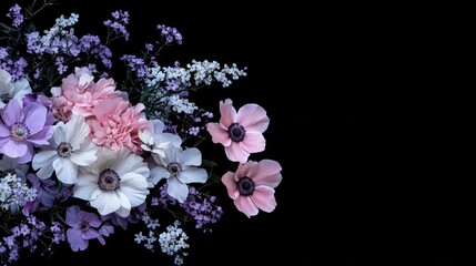 A beautiful bouquet of purple and pink flowers with delicate white blossoms on a dark background.
