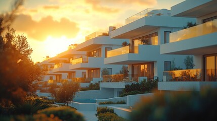 Modern white apartments at sunset with landscaped gardens and pool.
