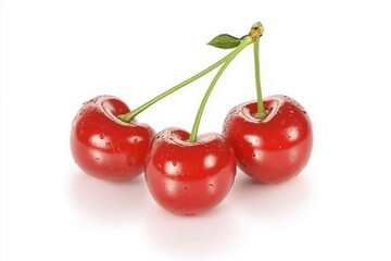 Fresh cherries with droplets arranged on a white background
