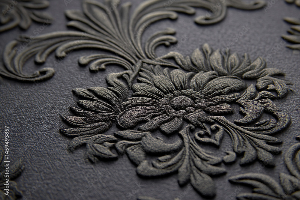 Poster close-up of dark gray embossed floral texture, showing intricate leaf and flower details, creating a