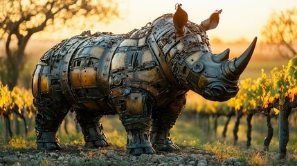 Fototapeta premium Rustic iron rhinoceros statue constructed from agricultural equipment parts, placed in a vineyard at golden hour