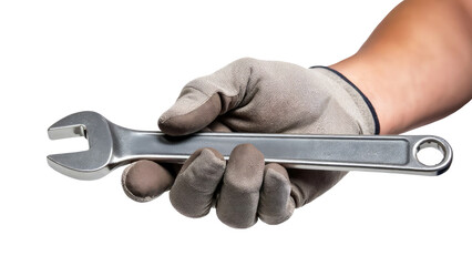 Closeup Man hand in glove with wrench, PNG, cut out background. Repair, workshop, auto mechanic