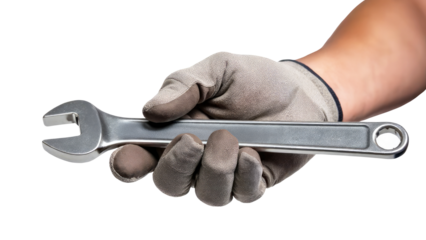 Closeup Man hand in glove with wrench, PNG, cut out background. Repair, workshop, auto mechanic