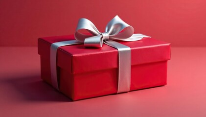 Obraz premium Crimson satin box, silver bow, soft inner light, tied, magic