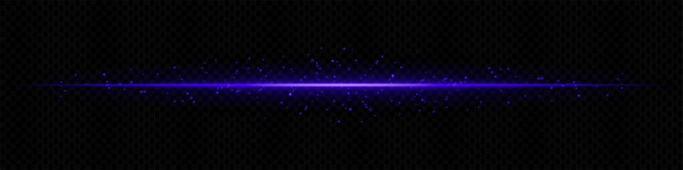 Blue horizontal light beam with scattered particles on dark transparent background. Ideal for magical effects, data transmission, or futuristic transitions.