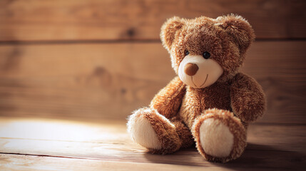 Fototapeta premium Cute teddy bear sitting on wooden surface in natural light 