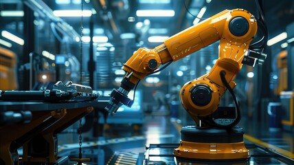 Robotic arm working in a modern factory. Close up of robotic arm machine working and packing the product in production line in factory. Automation and technology concept for design and print. AIG53.