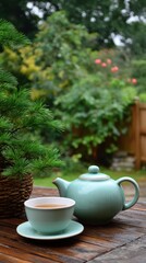 Still life of tea pot and cup on wooden table outdoors in garden setting. Peaceful scene of relaxation and refreshment in nature.