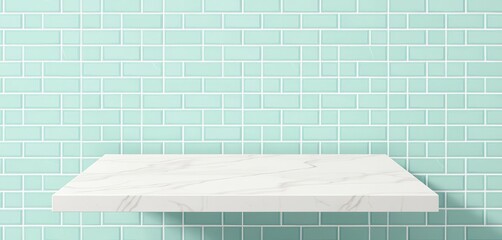 Clean white marble tabletop on mint green tile background Ideal for product display, minimalist ads,  tiles,  shot