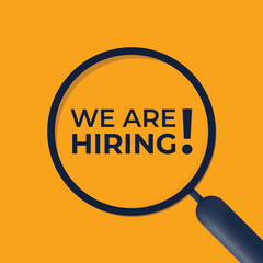 Minimalist We Are Hiring recruitment template on a bold yellow background, featuring a magnifying glass. Ideal for job vacancy announcements and team hiring campaigns.