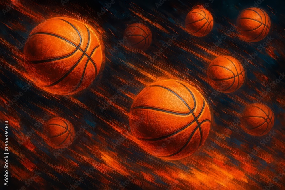 Poster multiple basketballs move in dynamic motion across a glowing artistic background, captured with ener