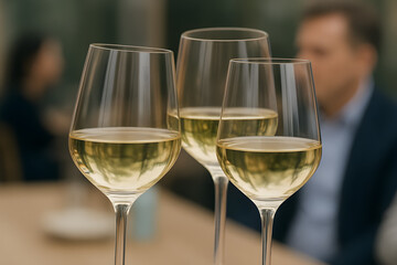 three glasses of white wine, work, end of work, event, business, meeting, office, bank, celebration, birthday, anniversary, company, partnership, cheers
