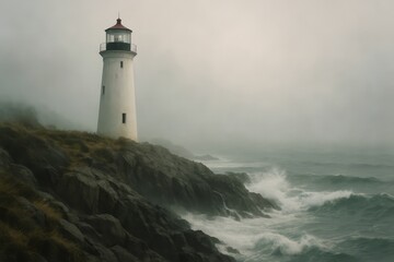A white lighthouse stands alone on a mist-covered cliff, guiding ships through the fog as waves crash along the rugged coast.