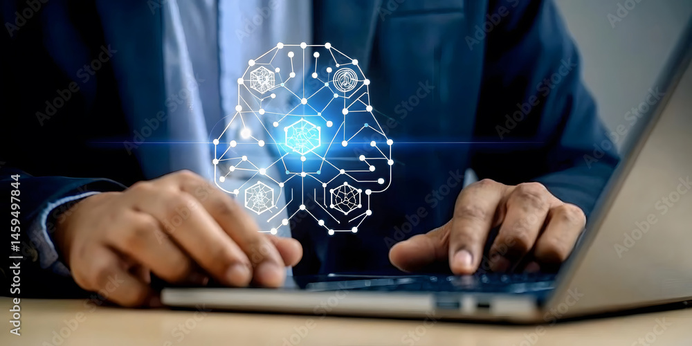 Poster businessman using artificial intelligence technology with digital brain interface on laptop.