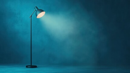 Floor lamp shines in blue room