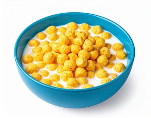 Blue bowl filled with golden corn cereal balls floating in fresh milk, crunchy breakfast concept isolated