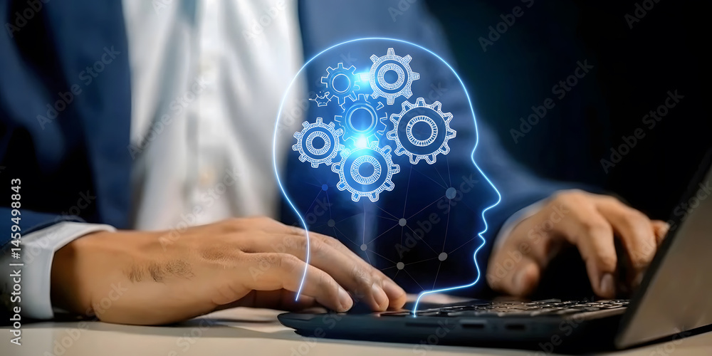Poster businessman using artificial intelligence technology with digital brain interface on laptop.