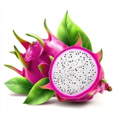 Fresh Pink Dragon Fruit with Green Leaves
