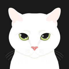 Peeking white cat with big green eyes. Realistic style. Vector illustration