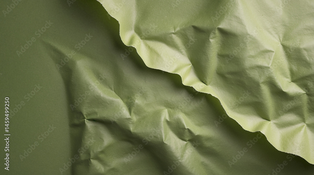 Poster textured paper abstraction: a high-angle shot showcases a close-up view of crumpled green paper, cre
