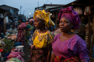 Fototapeta premium Women in vibrant traditional attire engage in evening market activities surrounded by stalls filled with fresh produce and local goods