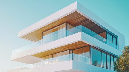 Fototapeta premium Modern two-story house with sleek design, glass balconies, and a wooden roof overhang