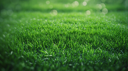 Naklejka premium Lush Green Grass: A macro shot of vibrant green grass, creating a sense of freshness and natural beauty, with a soft focus background enhances the visual serenity.
